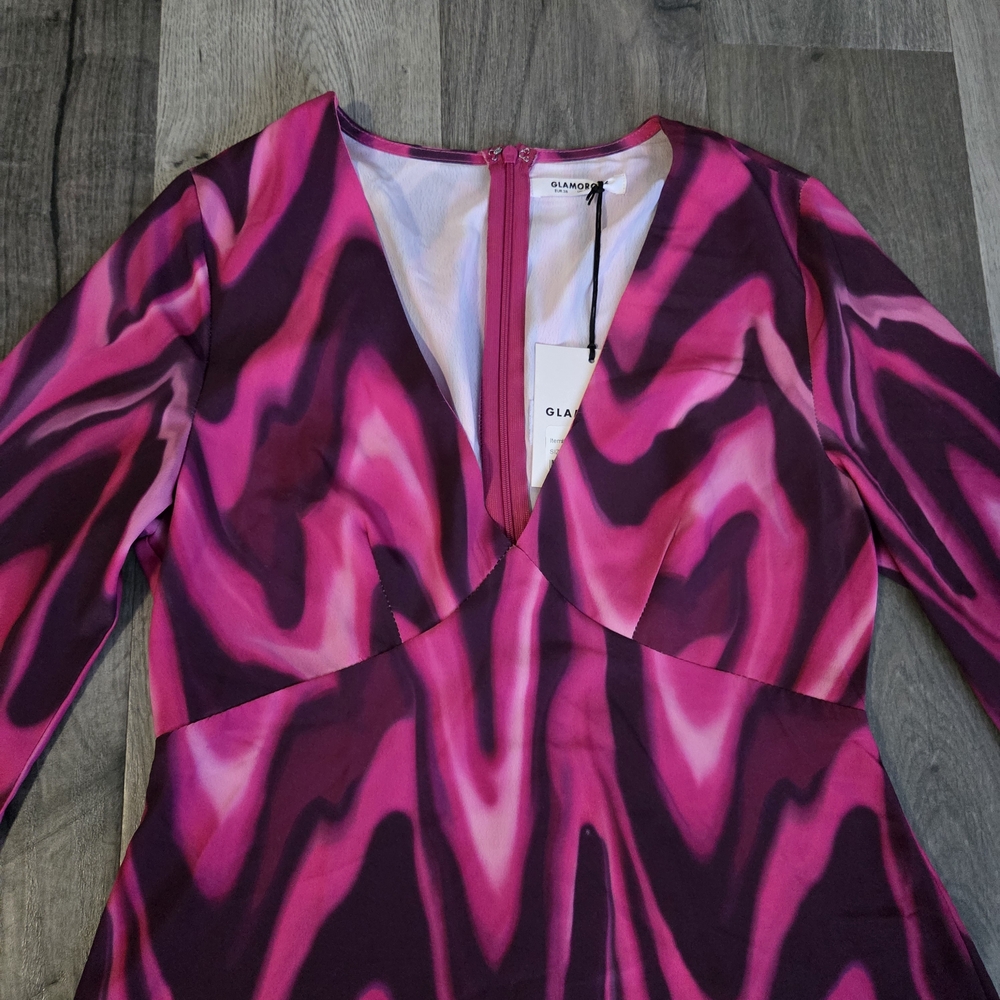 Glamorous Pink Purple Wave Print Mini Dress Y2K Psychedelic V-Neck Long Sleeve - Picture 6 of 8